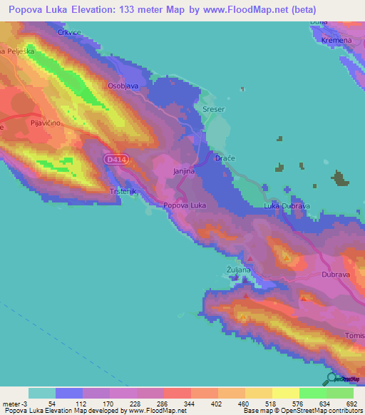 Popova Luka,Croatia Elevation Map