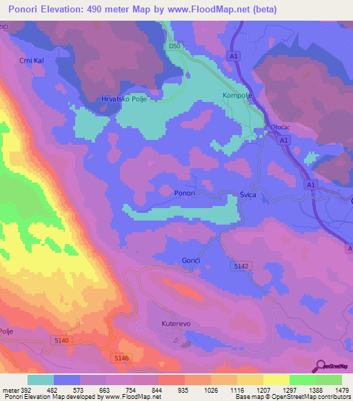 Ponori,Croatia Elevation Map