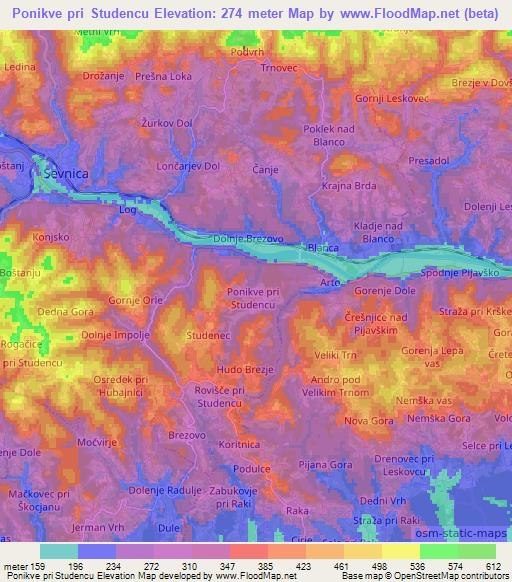 Ponikve pri Studencu,Slovenia Elevation Map