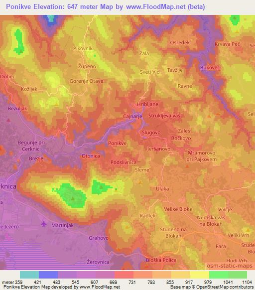 Ponikve,Slovenia Elevation Map