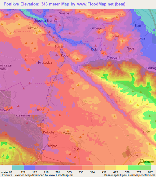 Ponikve,Slovenia Elevation Map