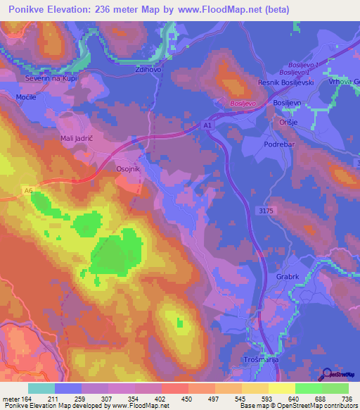 Ponikve,Croatia Elevation Map