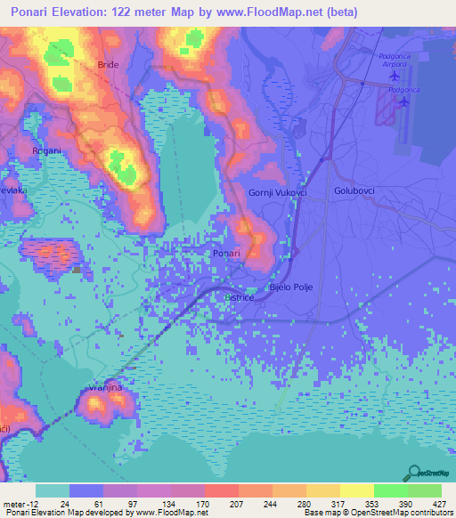 Ponari,Montenegro Elevation Map