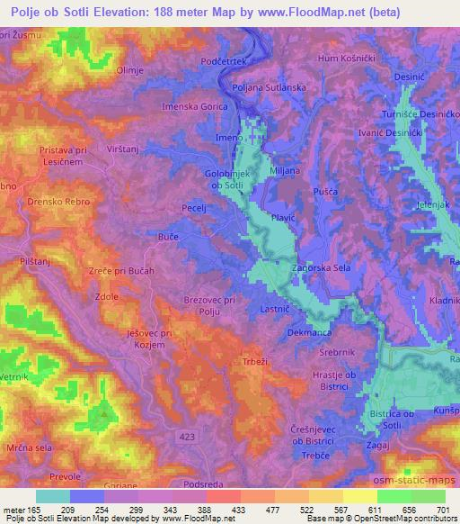 Polje ob Sotli,Slovenia Elevation Map