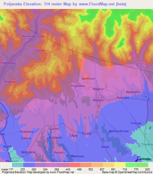 Poljanska,Croatia Elevation Map