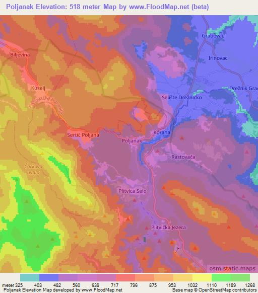 Poljanak,Croatia Elevation Map