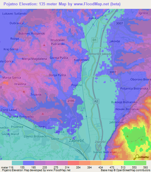 Pojatno,Croatia Elevation Map