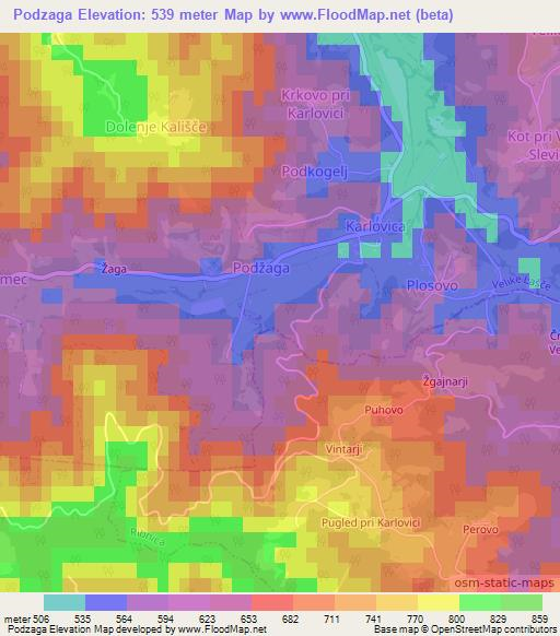 Podzaga,Slovenia Elevation Map