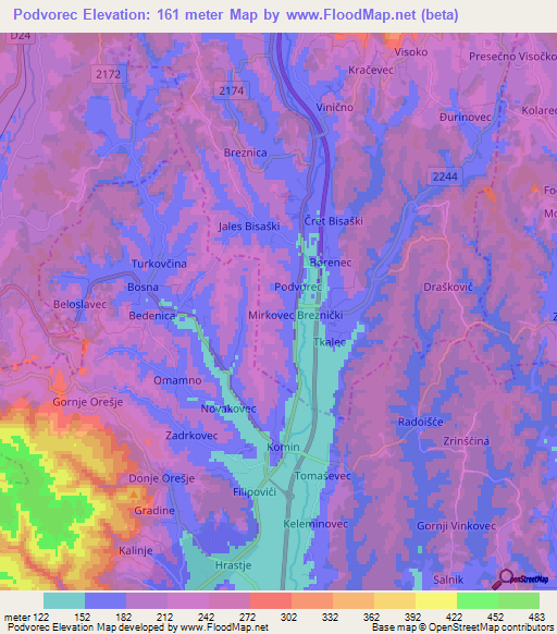 Podvorec,Croatia Elevation Map