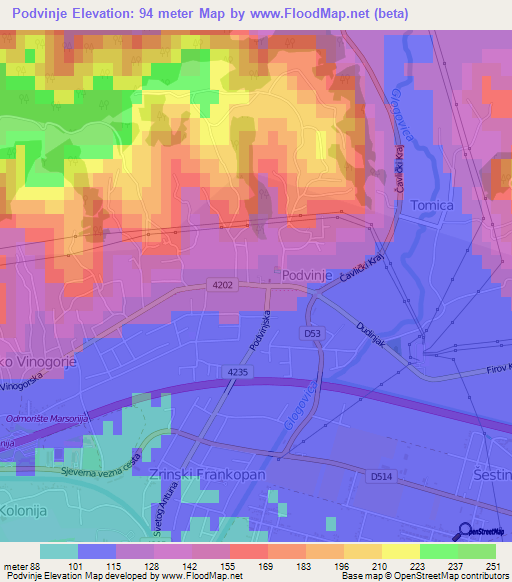 Podvinje,Croatia Elevation Map