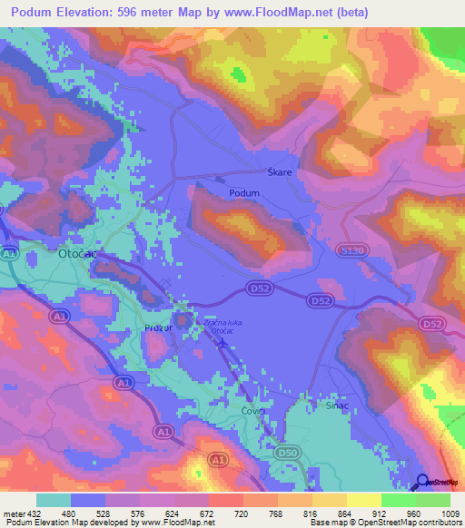 Podum,Croatia Elevation Map