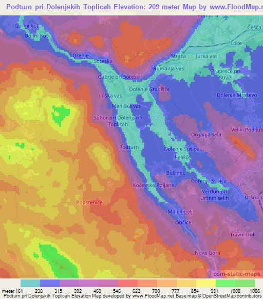 Podturn pri Dolenjskih Toplicah,Slovenia Elevation Map