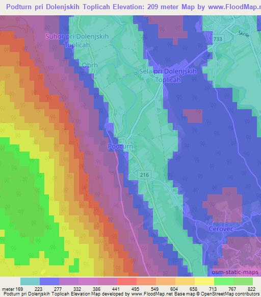 Podturn pri Dolenjskih Toplicah,Slovenia Elevation Map