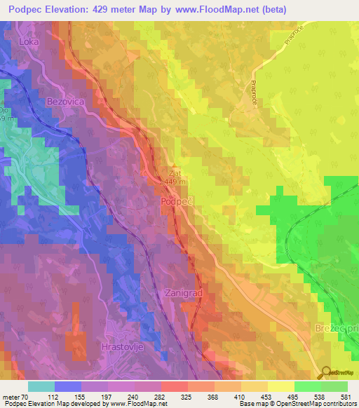 Podpec,Slovenia Elevation Map