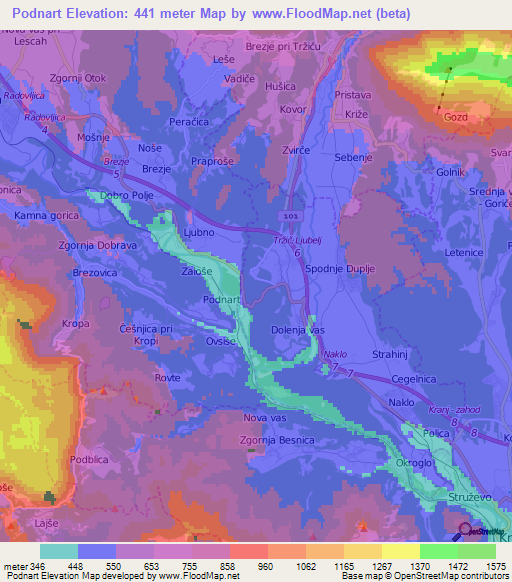 Podnart,Slovenia Elevation Map