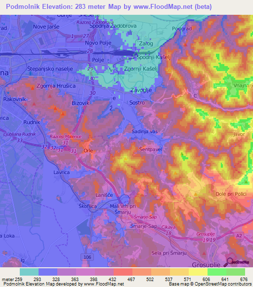 Podmolnik,Slovenia Elevation Map