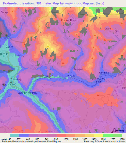 Podmelec,Slovenia Elevation Map