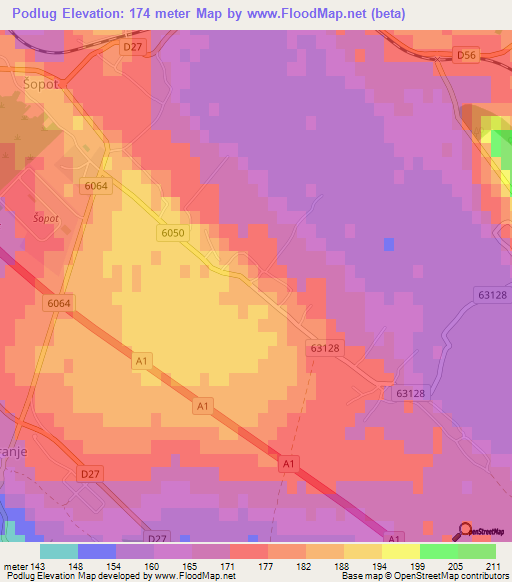 Podlug,Croatia Elevation Map