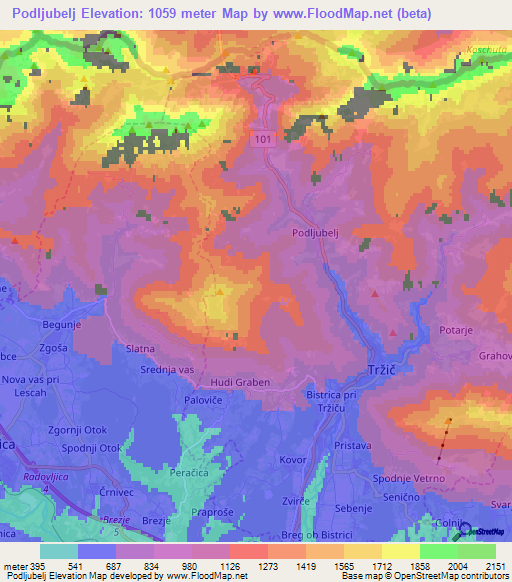 Podljubelj,Slovenia Elevation Map