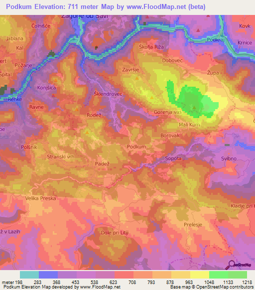 Podkum,Slovenia Elevation Map