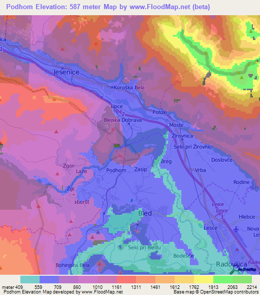 Podhom,Slovenia Elevation Map