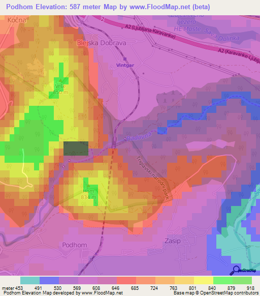 Podhom,Slovenia Elevation Map