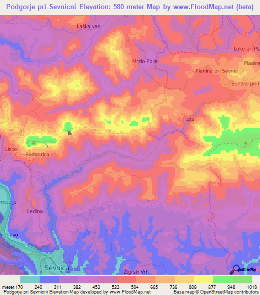 Podgorje pri Sevnicni,Slovenia Elevation Map