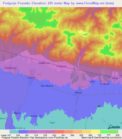 Podgorje Pozesko,Croatia Elevation Map