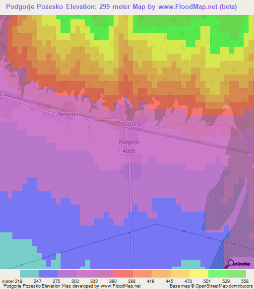 Podgorje Pozesko,Croatia Elevation Map