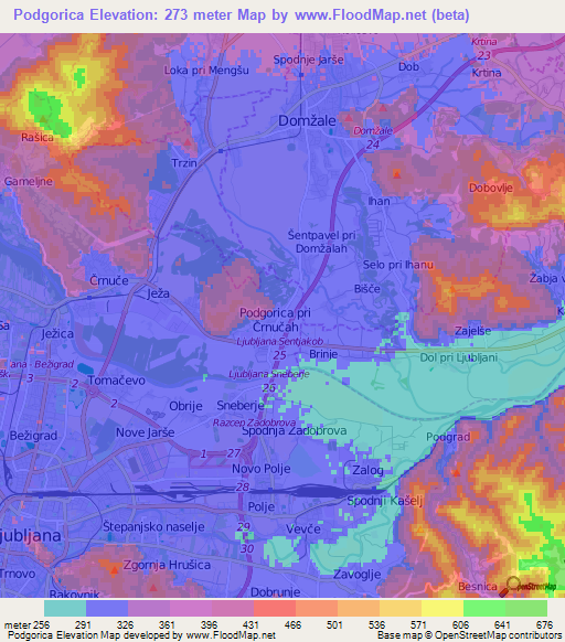 Podgorica,Slovenia Elevation Map