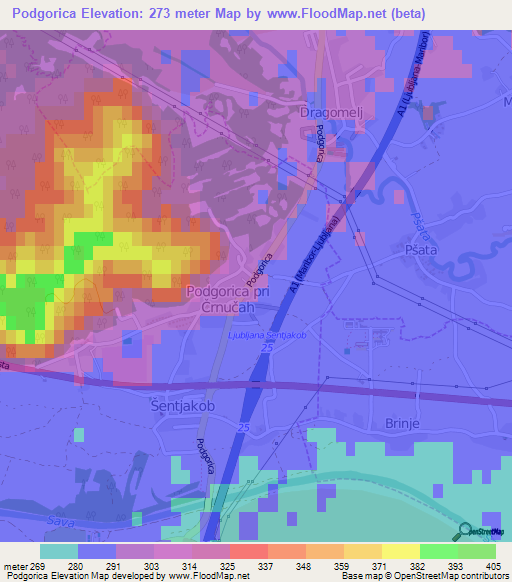 Podgorica,Slovenia Elevation Map