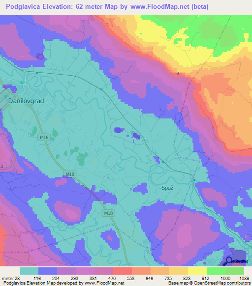 Podglavica,Montenegro Elevation Map