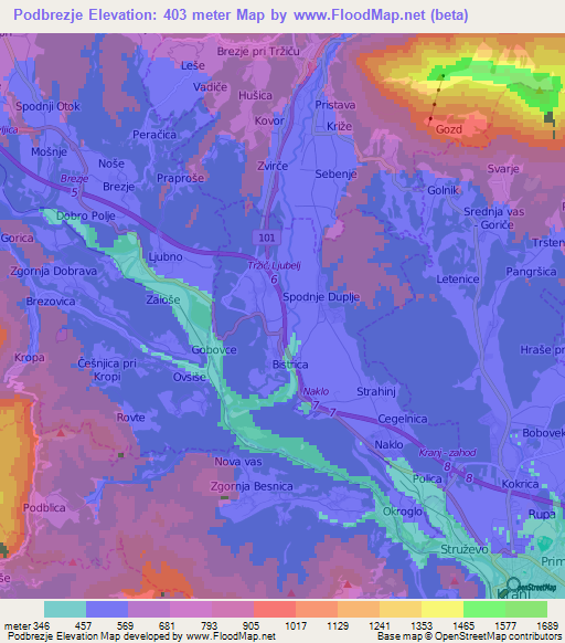 Podbrezje,Slovenia Elevation Map