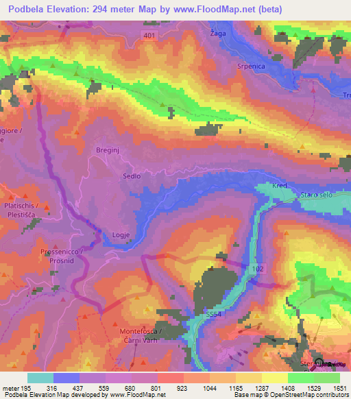 Podbela,Slovenia Elevation Map