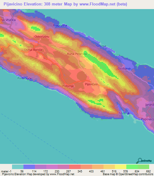 Pijavicino,Croatia Elevation Map