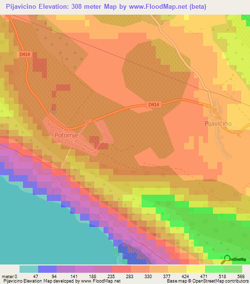 Pijavicino,Croatia Elevation Map