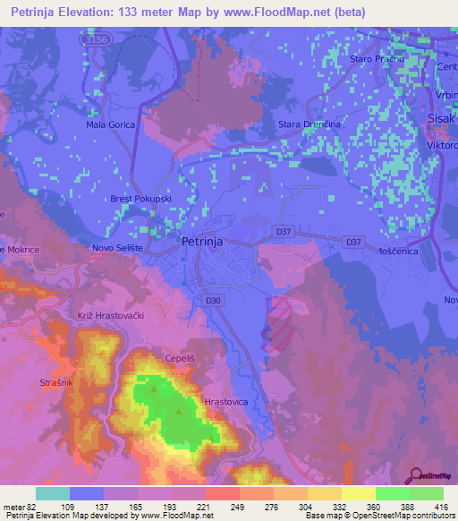 Petrinja,Croatia Elevation Map