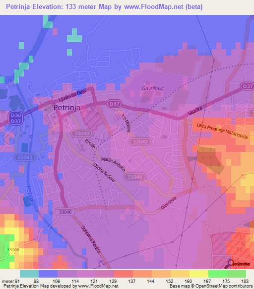 Petrinja,Croatia Elevation Map