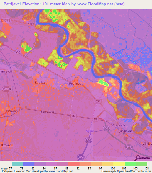 Petrijevci,Croatia Elevation Map