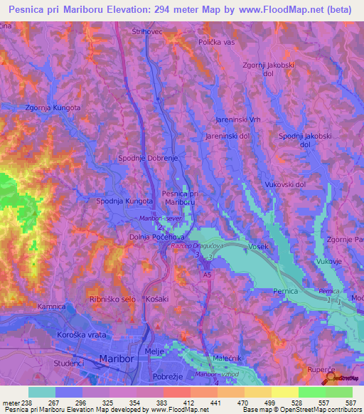 Pesnica pri Mariboru,Slovenia Elevation Map