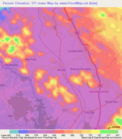 Perusic,Croatia Elevation Map