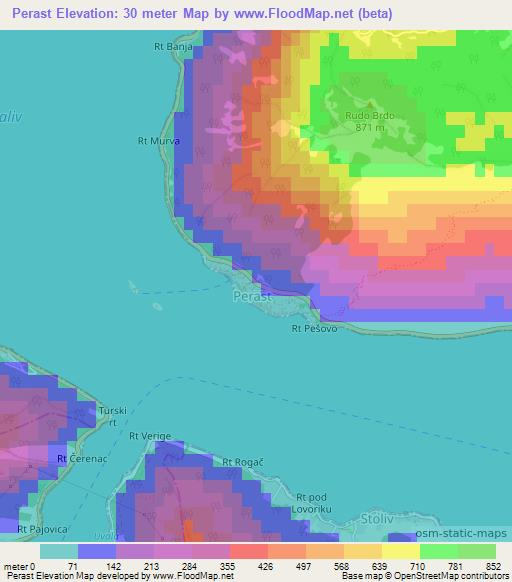 Perast,Montenegro Elevation Map