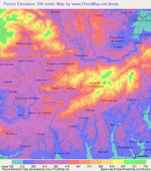 Pecice,Slovenia Elevation Map