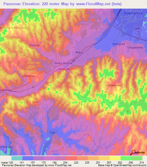 Paunovac,Croatia Elevation Map