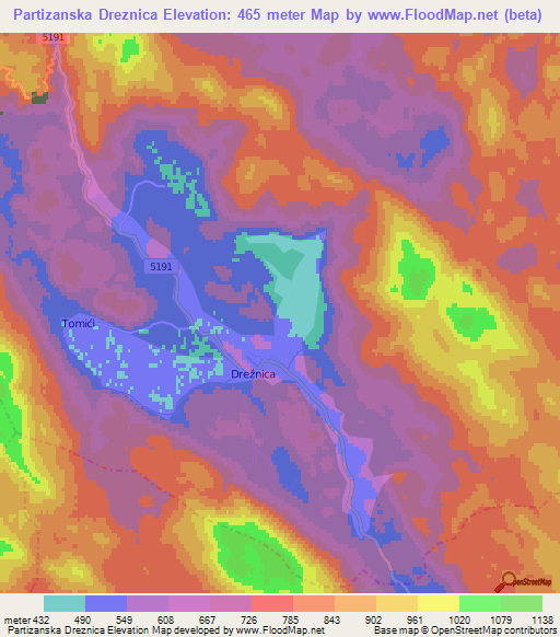 Partizanska Dreznica,Croatia Elevation Map