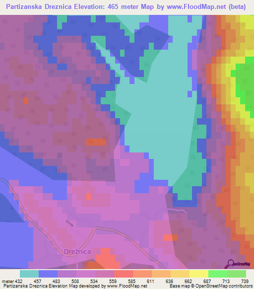 Partizanska Dreznica,Croatia Elevation Map