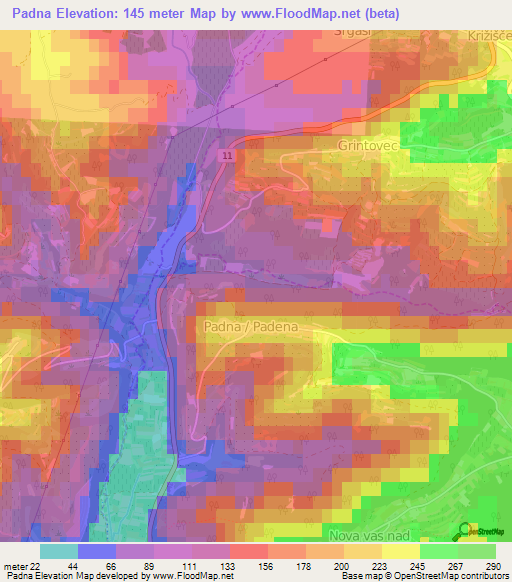 Padna,Slovenia Elevation Map