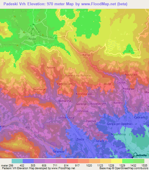 Padeski Vrh,Slovenia Elevation Map