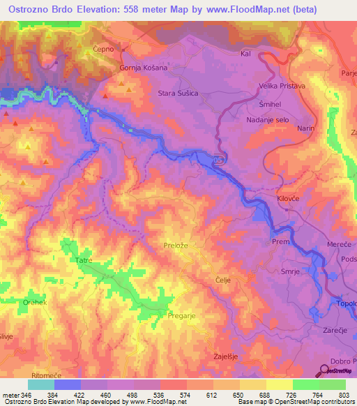 Ostrozno Brdo,Slovenia Elevation Map