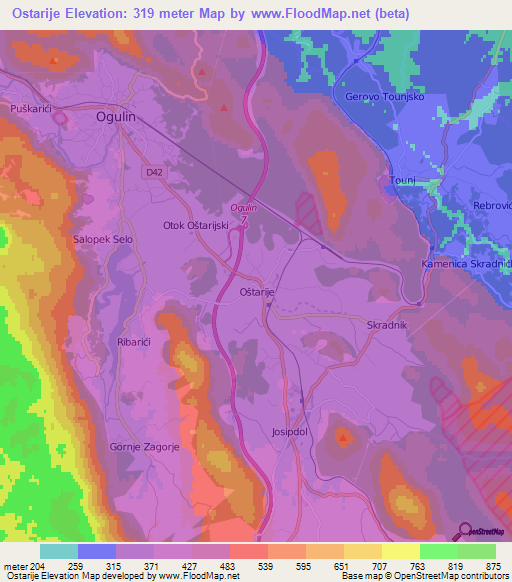 Ostarije,Croatia Elevation Map